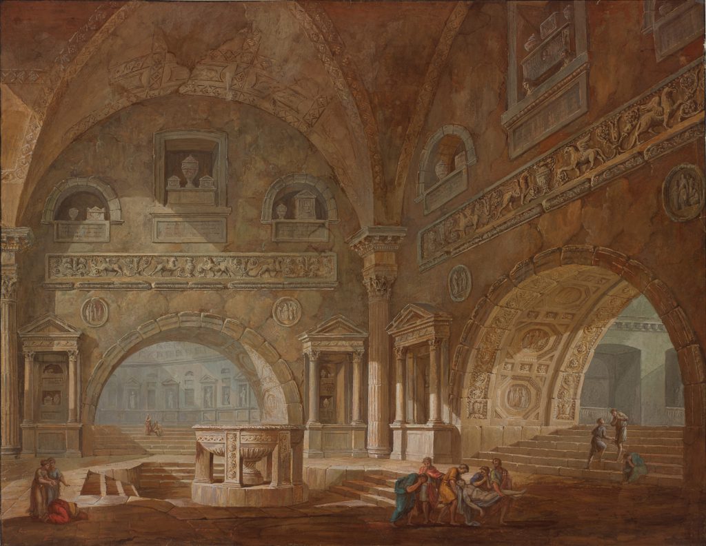 Gouache painting of a Roman interior with high ceilings, archways, and reliefs. In the foreground, five figures carry a body and others look on.