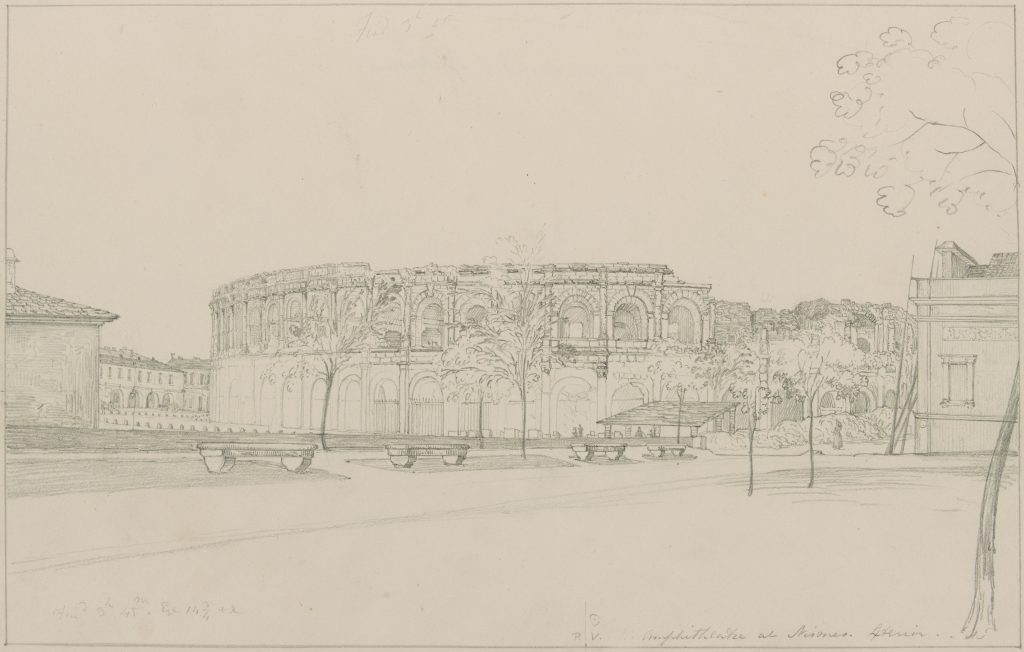 Alternate view of Light, pencil sketch of the amphiteatre ruins, surrounded by a few trees.