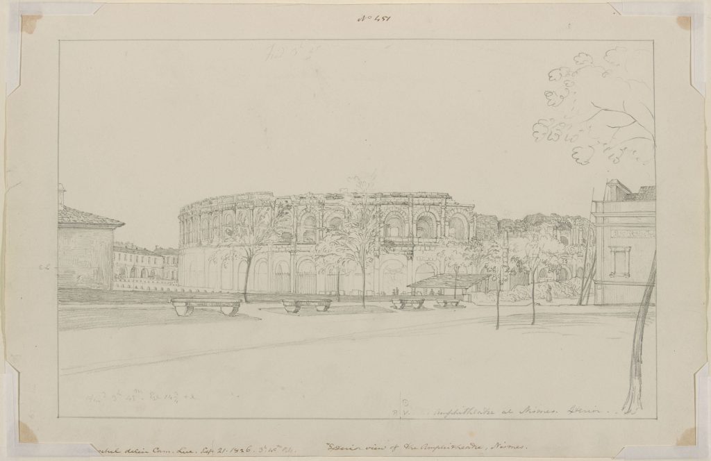 Light, pencil sketch of the amphiteatre ruins, surrounded by a few trees.