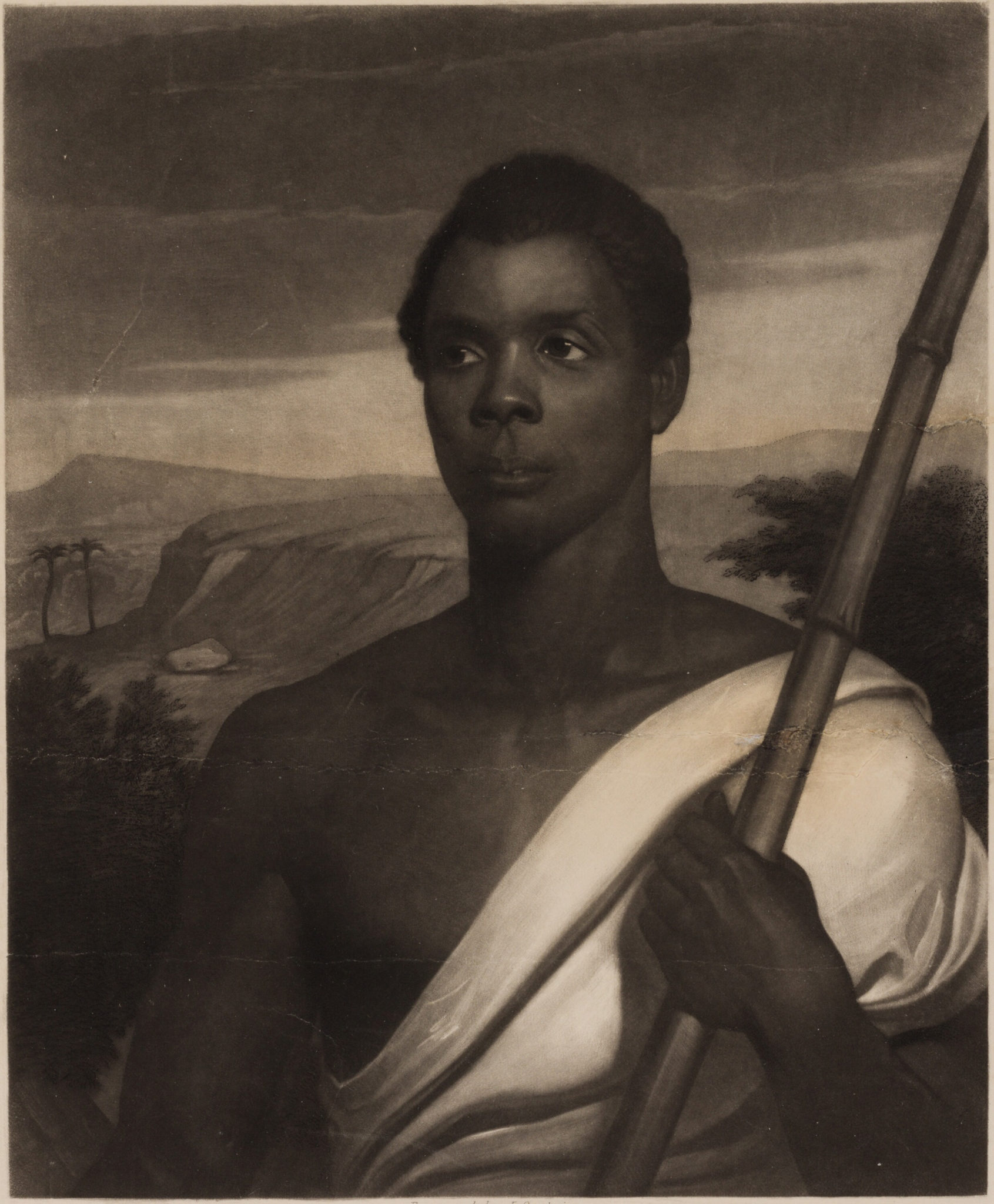 A sepia-toned portrait drawing of a Black man wearing a white cloak draped over one shoulder. He holds a staff and is posed in front of a landscape.