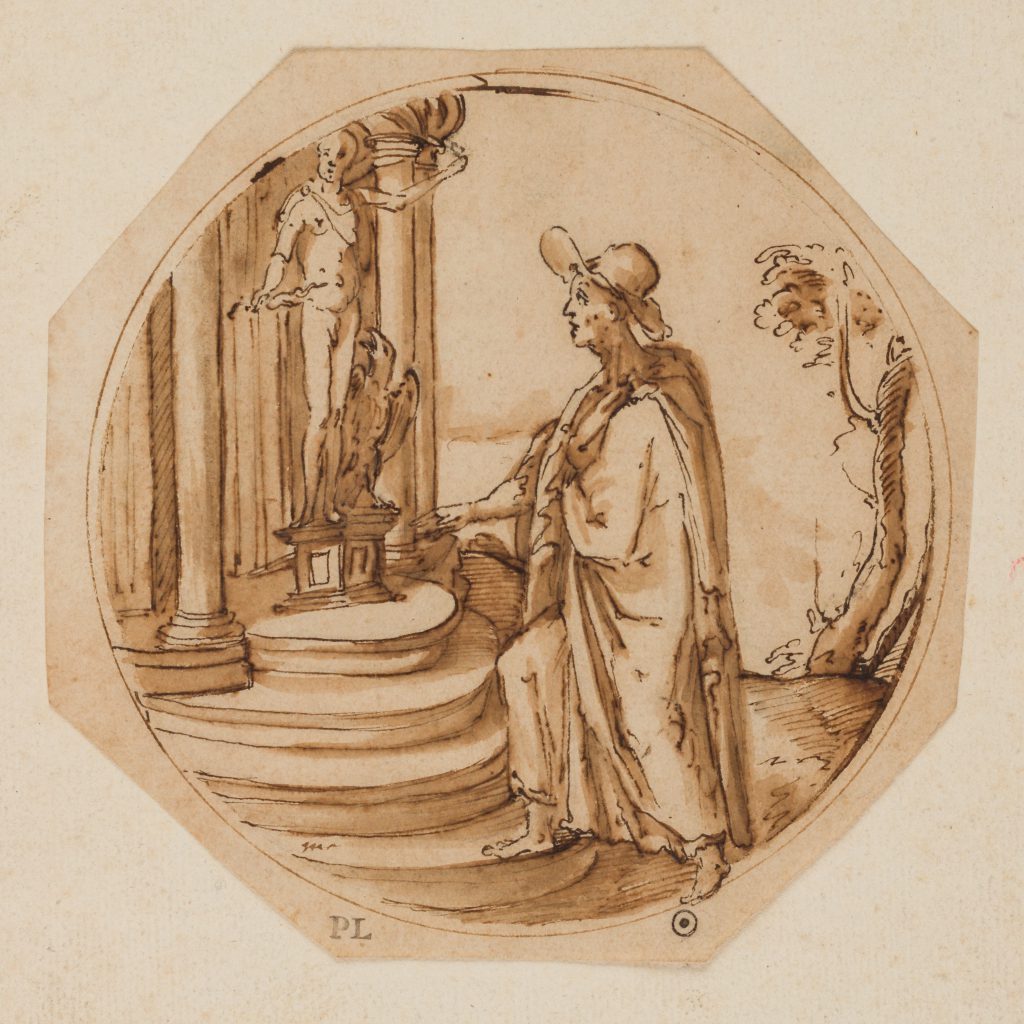 Brown ink sketch of a pilgrim with a broad hat ascending steps to the statue of a young god weilding a thunderbolt and flanked by an eagle.