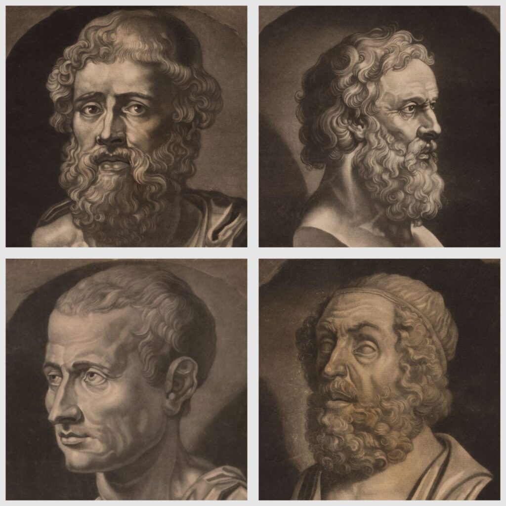 Collage of drawings of four busts