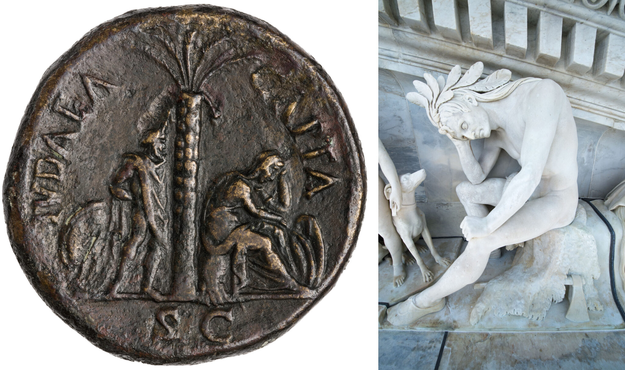 Left, Detail, Indian Chief, “Progress of Civilization,” 1863, Thomas Crawford. Senate Wing, US Capitol, Washington, DC. Courtesy of the Architect of the Capitol. Right, Reverse, Bronze Sestertius of Vespasian, Rome, AD 71, 1947.2.430. American Numismatic Society.