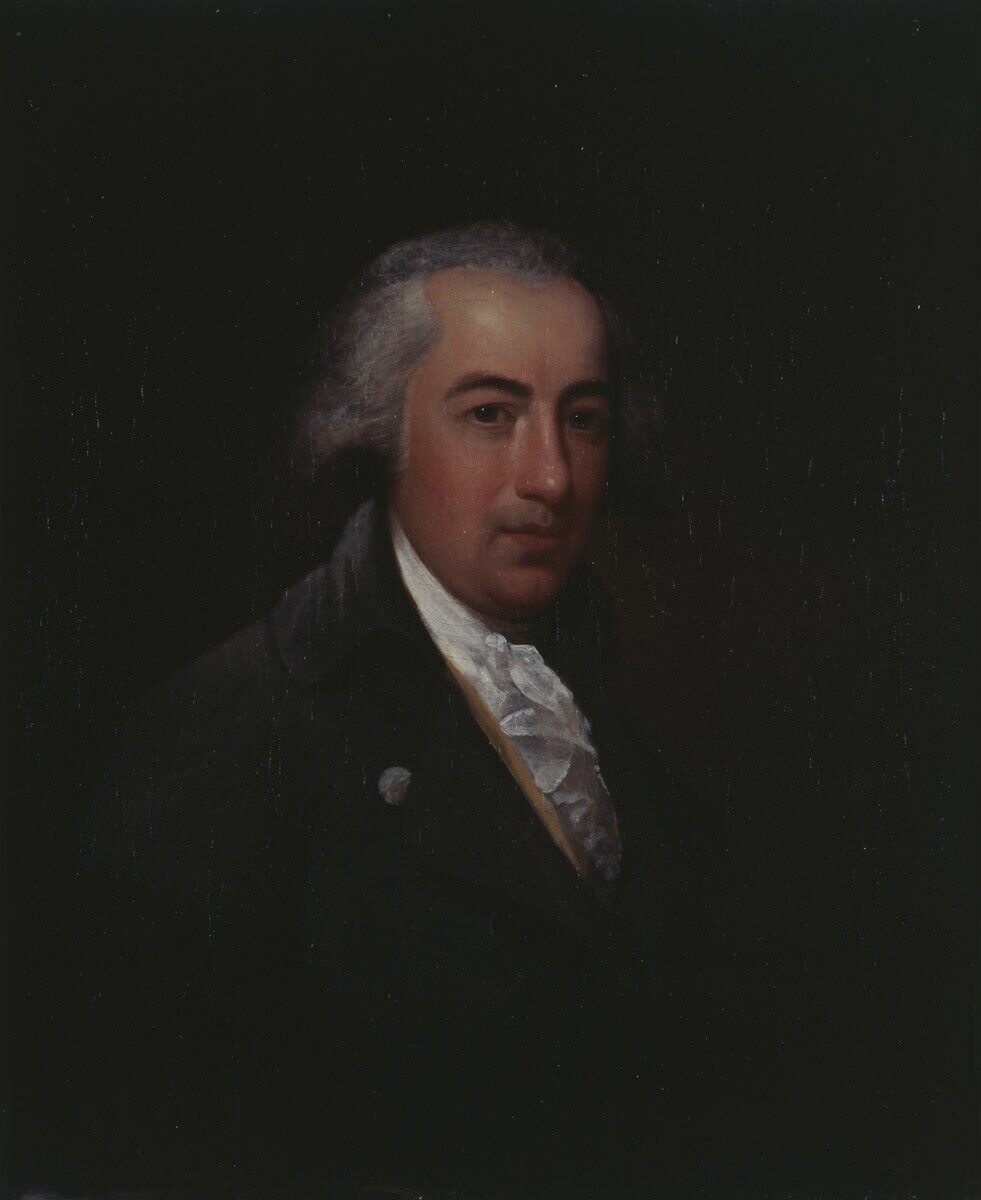 A painted portrait of a well-dressed man with a dark black background.