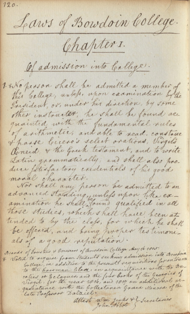 The Laws of Bowdoin College handwritten in cursive on an aged sheet of paper.
