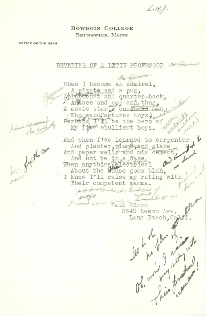 Letterhead with typed text titled "Reveries of a Latin Professor," with abundent handwritten marginalia.