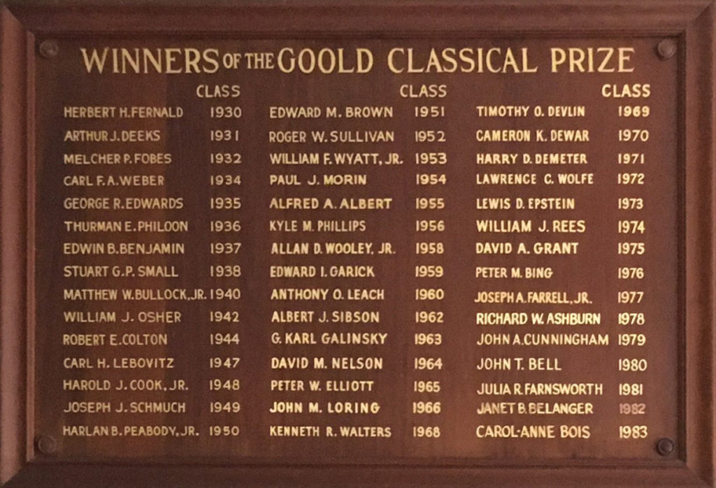 Photograph of a plaque listing the winners of the Goold Classical Prize, from 1930–1983.