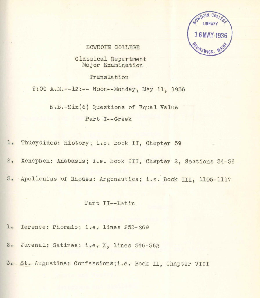 Typed document titled "Classical Department Major Examination," stamp-dated 16 May 1936.