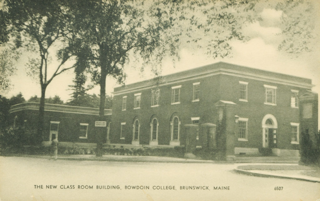 Photograph of a campus building with caption "The New Classroom Building, Bowdoin College, Brunswick, Maine"