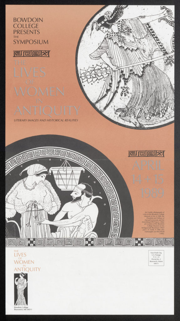 Poster advertising the "Lives of Women in Antiquity" symposium, featuring line drawings based on anciet artworks.