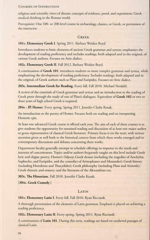 Image of a page from a Bowdoin Course Book, listing Greek and Latin courses.