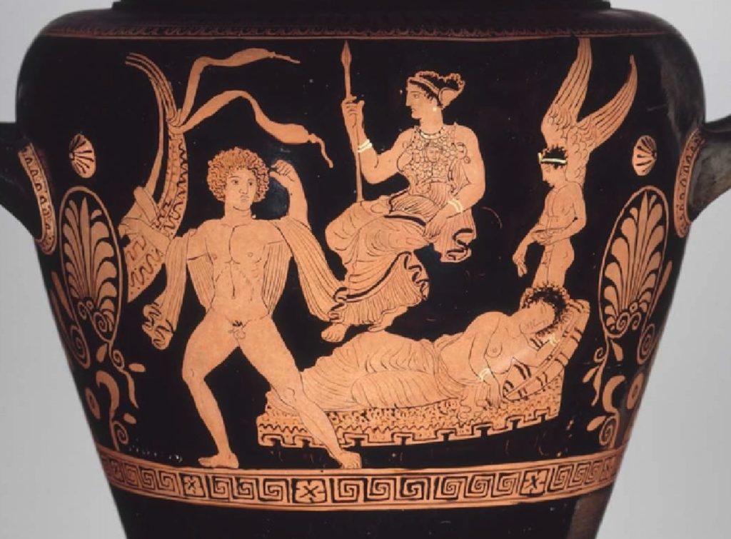 Red figures of a nude man, reclining woman, goddess, and winged man on a black vase
