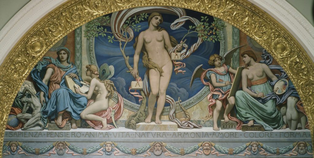 Half-circle painting of a nude woman flanked by two winged women who draw nearby figures. Surrounded by an ornately carved gold frame.
