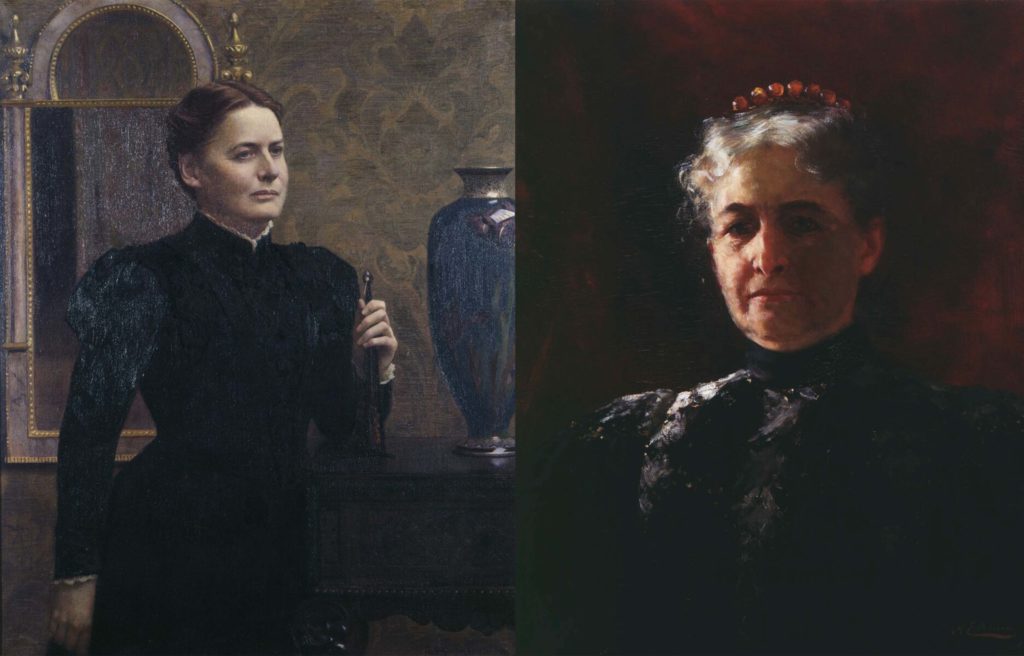 Side-by-side portraits of two older white women, both wearing black Victorian dresses.